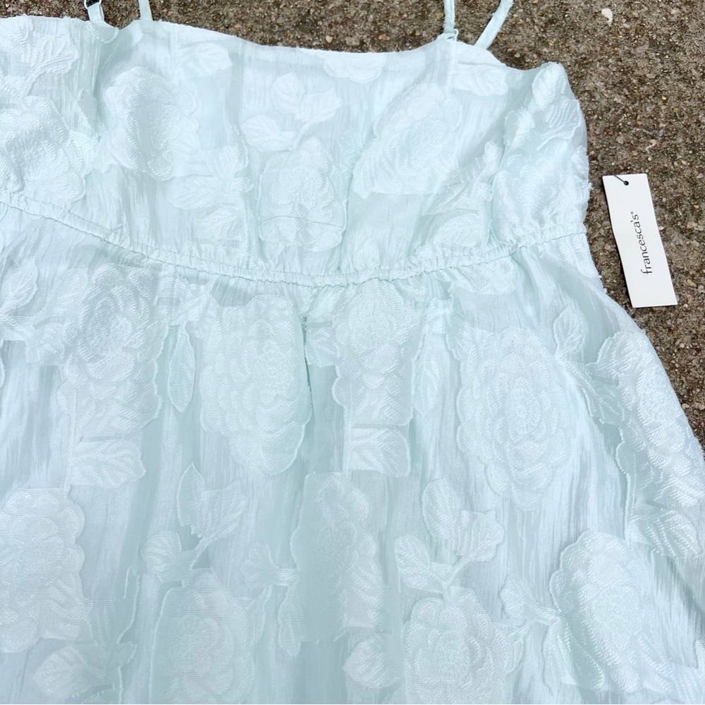 NWT Francesca’s Floral Joss Jacquard Babydoll Mini Dress Mint Baby Blue - Picture 2 of 8